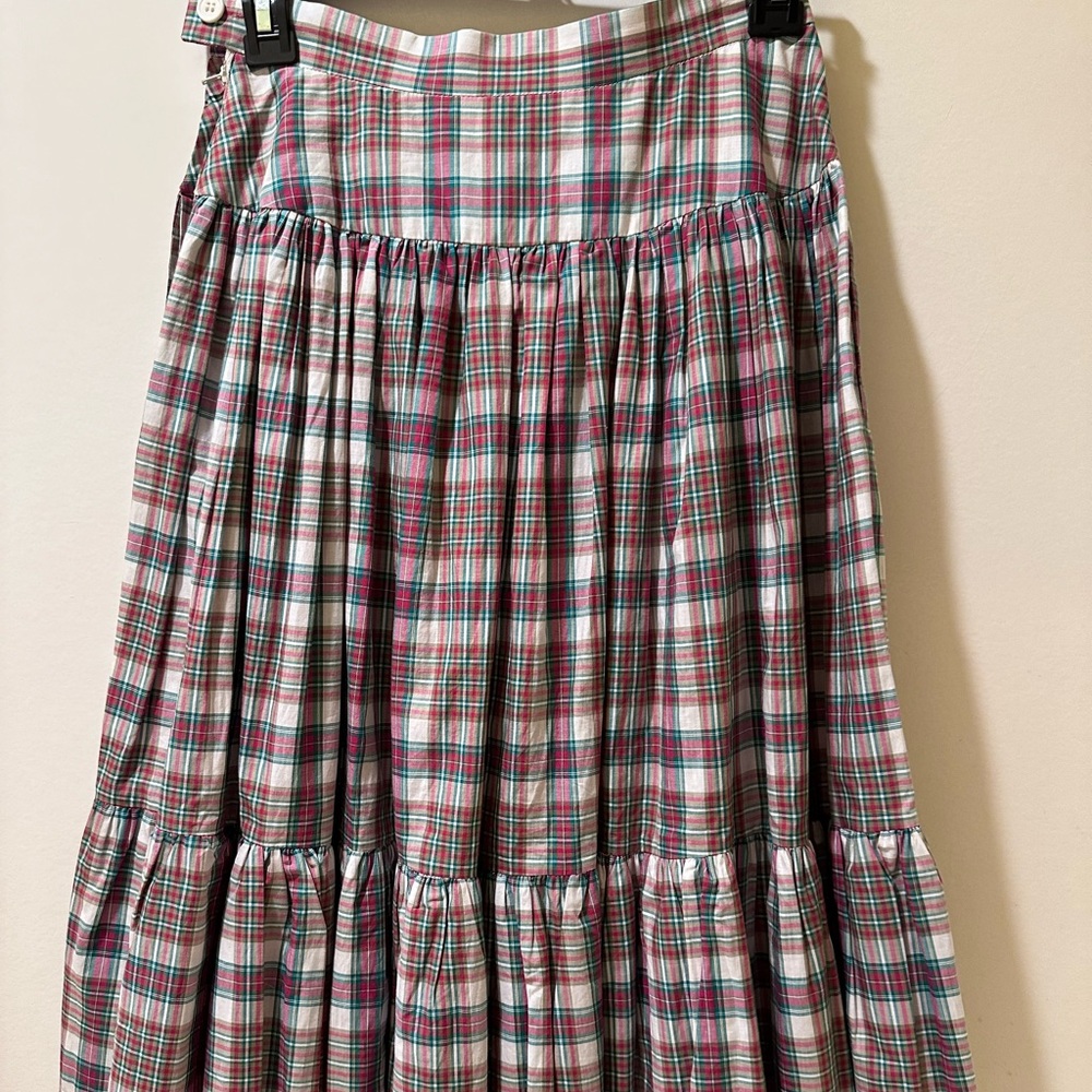 Ann Tjian Kenar Vintage Plaid Midi Skirt Tiered